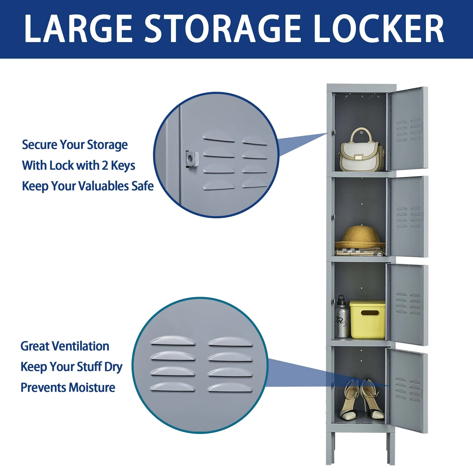 4 Door 66"H Metal Lockers With Lock, Storage Cabinet for Home Gym, Office, School, Garage - Gray