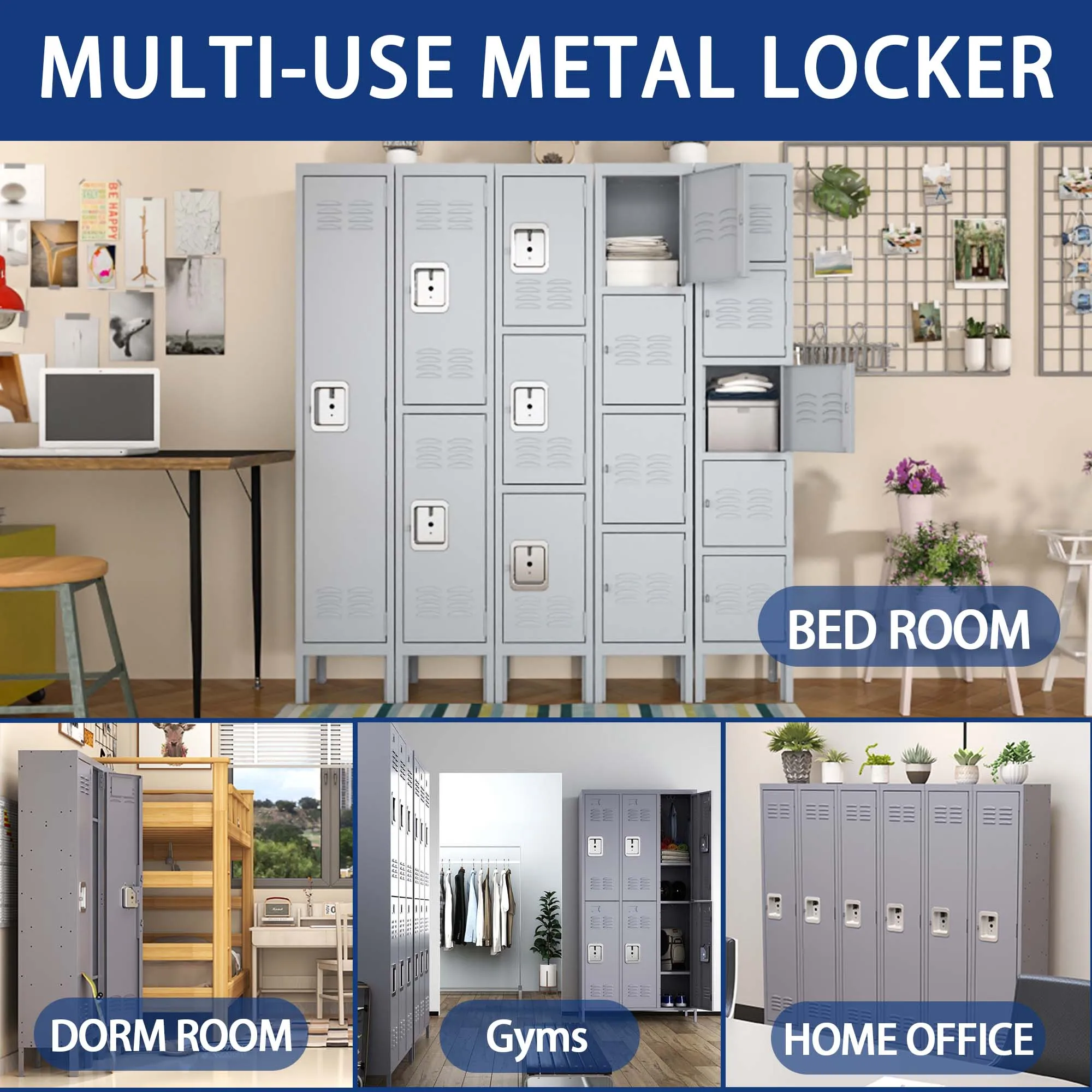 4 Door 66"H Metal Lockers With Lock, Storage Cabinet for Home Gym, Office, School, Garage - Gray