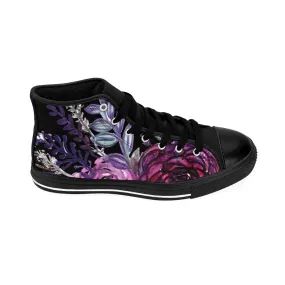 Black Purple Rose Men's Sneakers, Floral Print Designer High-top Running Tennis Shoes