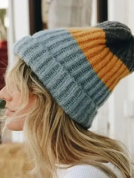 Cozy Color Block Wool Beanie - Blue/Mustard