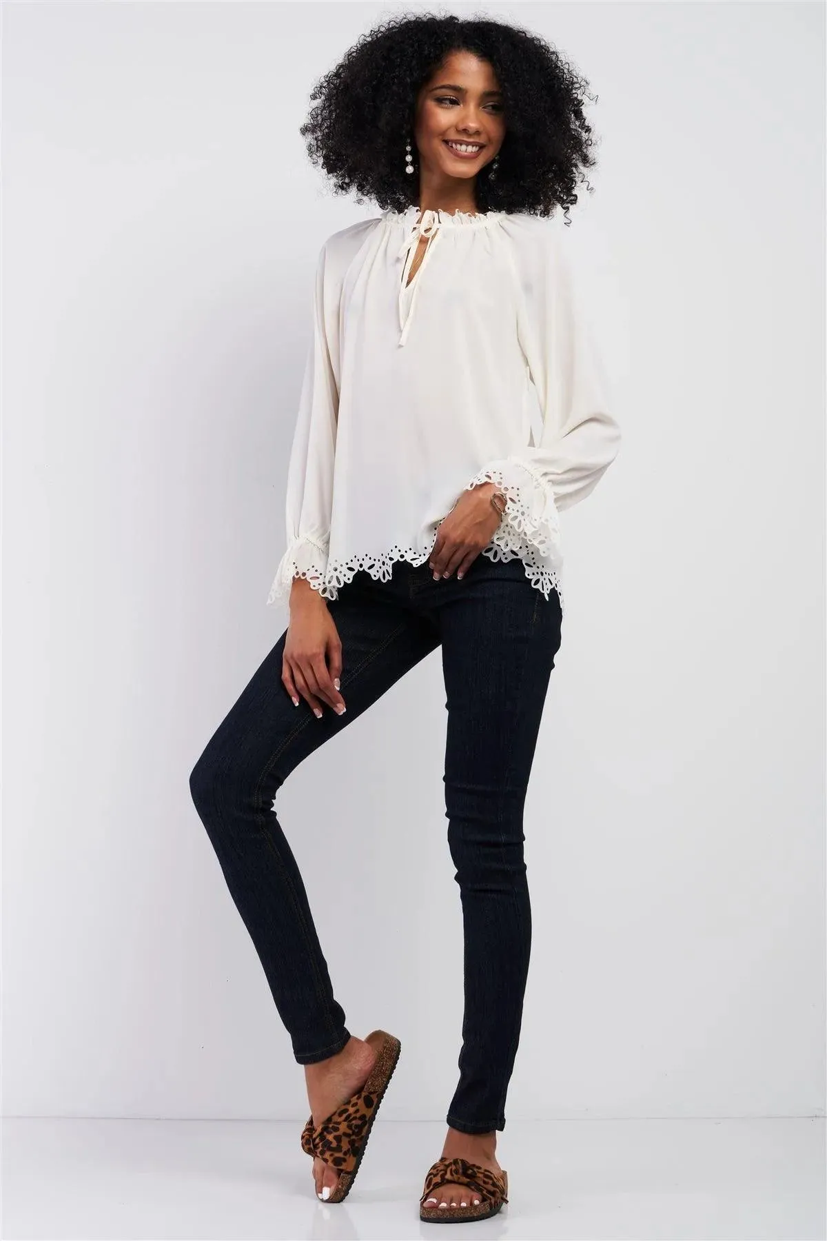 Cream Long Balloon Sleeve Loose Fit Front Draw String Tie Laser Cut Out Flounce Top /2-1-1