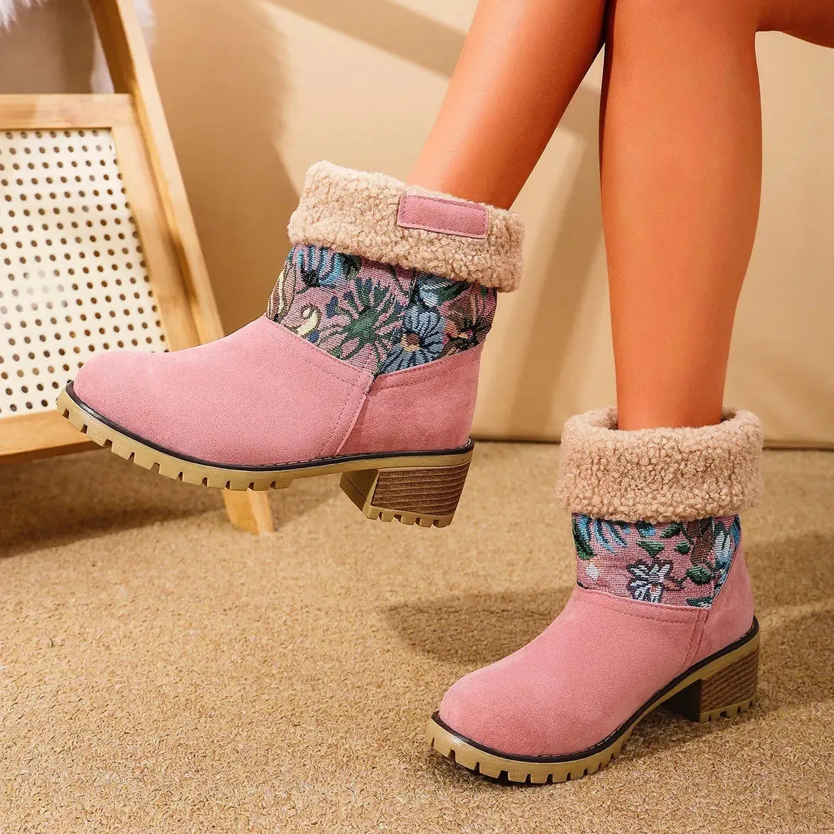 Flowers Embroidered Snow Boots Ethnic Style Platform Thick Square Heel Mid-tube Boot Winter Warm Cotton Shoes For Women