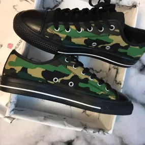 Green Camo Men's Sneakers, Best Camouflage Military Army Running Low Top Sneakers Shoes (US Size 7-14)