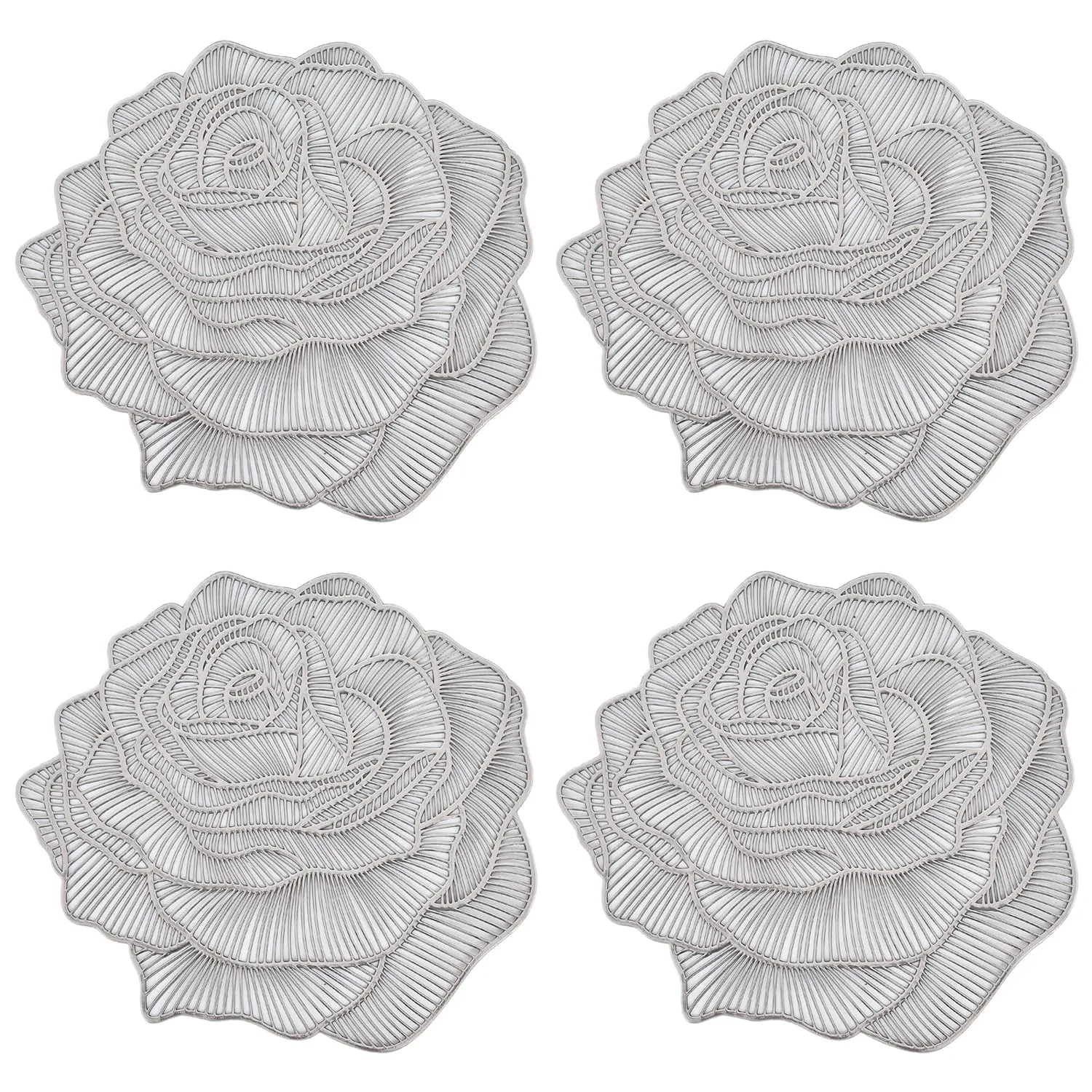 Heart Home Rose Design Soft Leather Table Mats, Dining Table Mats, Set of 4 (Silver)-50HH01297