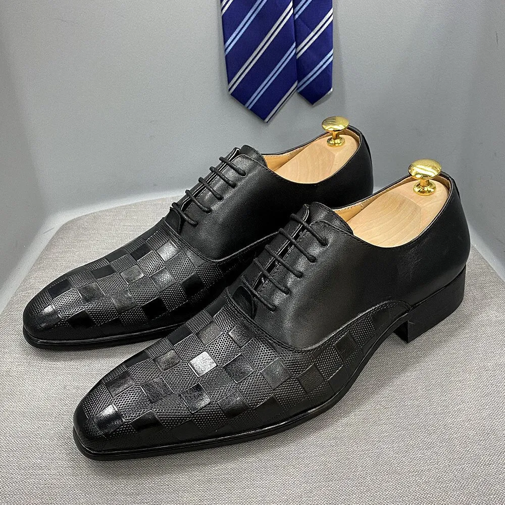 Luxus Italienischen Herren Oxford Schuhe Fashion Plaid Print Echtem Leder Schwarz Weiß Lace Up Hochzeit Büro Anzug Kleid Schuhe