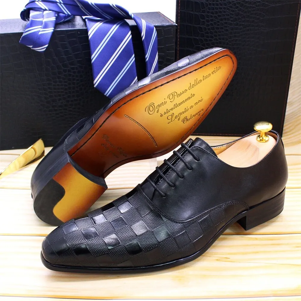 Luxus Italienischen Herren Oxford Schuhe Fashion Plaid Print Echtem Leder Schwarz Weiß Lace Up Hochzeit Büro Anzug Kleid Schuhe