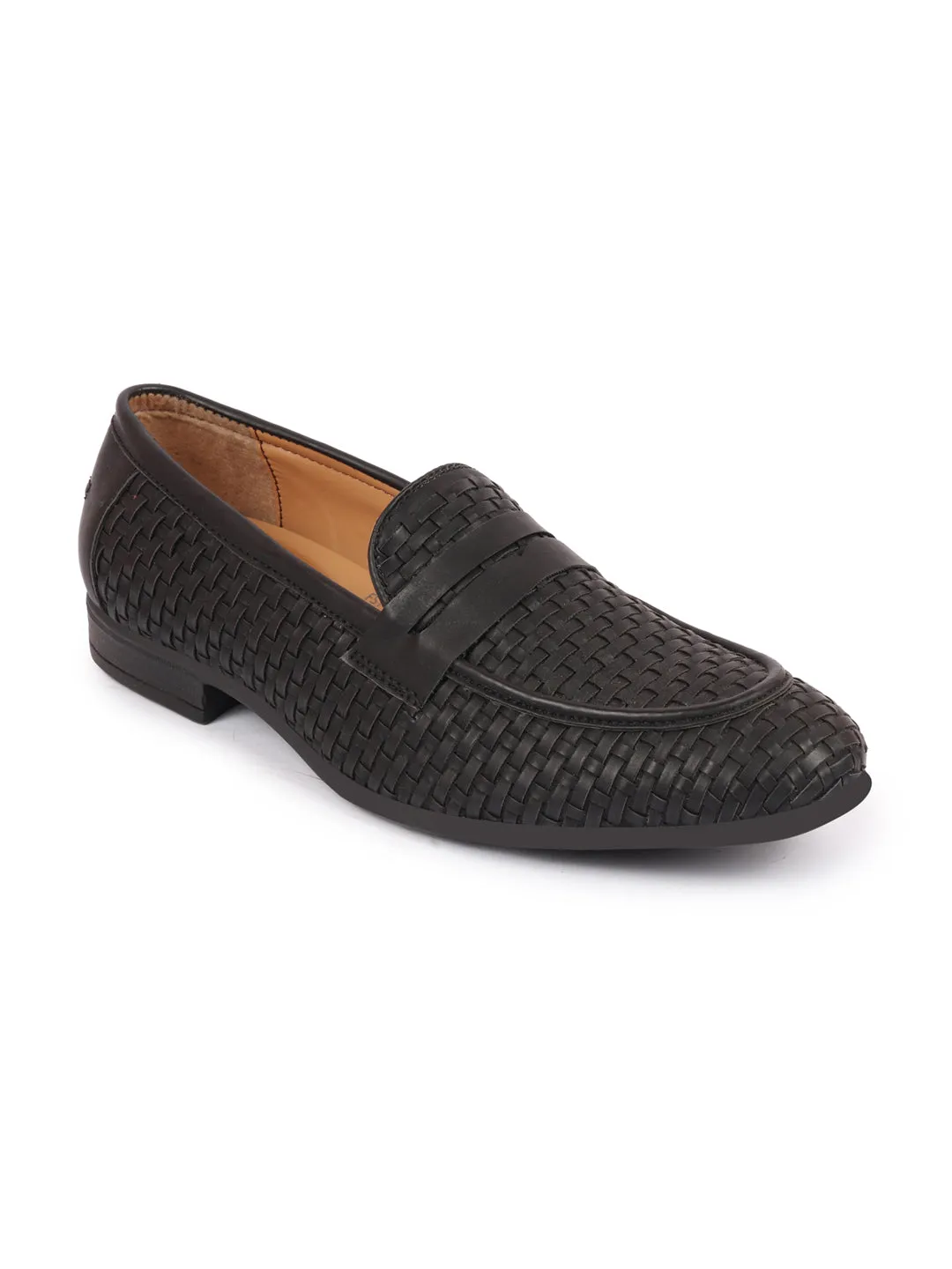 Men Black Hand Knitted Design Penny Loafer Slip On Shoes