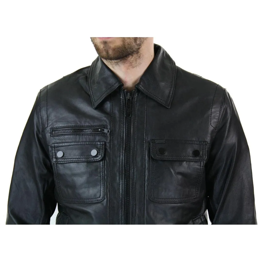 Mens Black Zip Vintage Classic Slim Fit Real Leather Short Jacket Retro