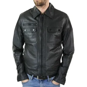 Mens Black Zip Vintage Classic Slim Fit Real Leather Short Jacket Retro