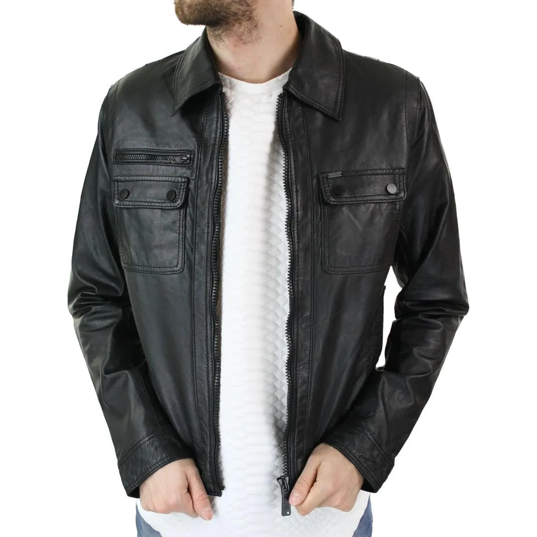 Mens Black Zip Vintage Classic Slim Fit Real Leather Short Jacket Retro