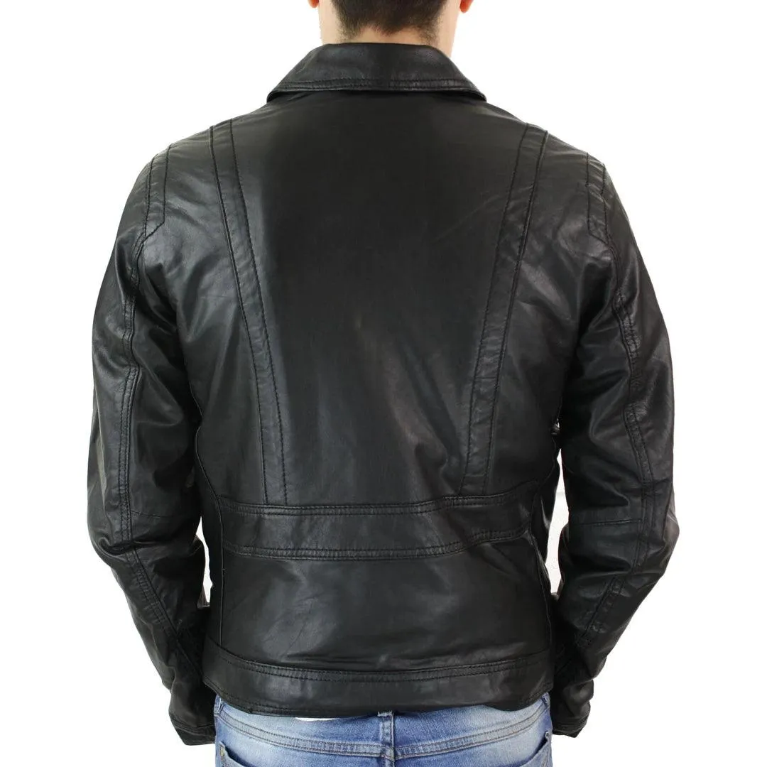 Mens Black Zip Vintage Classic Slim Fit Real Leather Short Jacket Retro