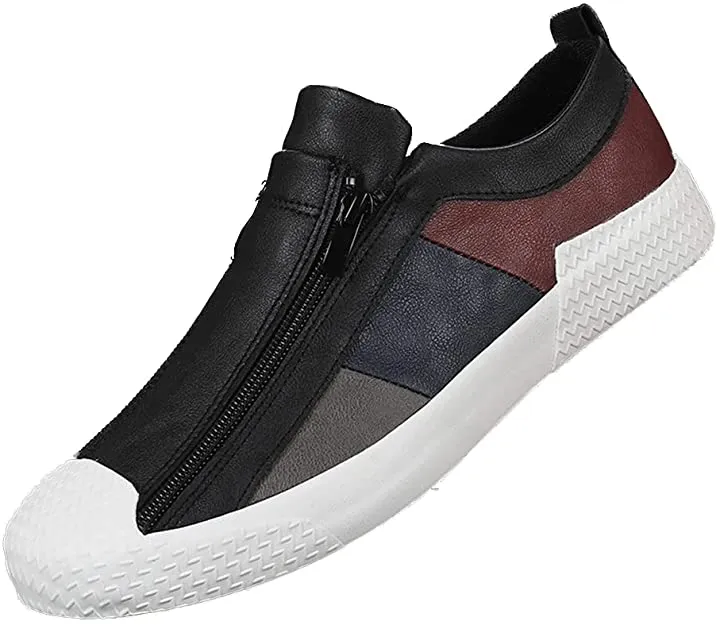 Men's Casual Grey/Red Leather Flat Zipper Sneaker Shoes