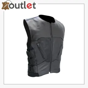 Mens Genuine Leather Cut SWAT Style Biker Vest