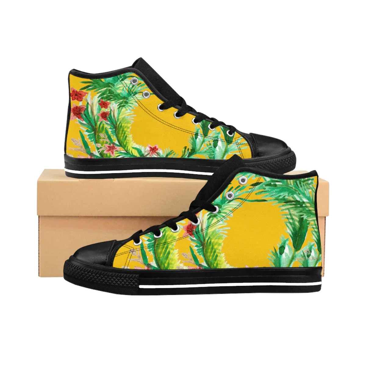 Mustard Yellow Floral Men's Sneakers, Red Floral Print High-top Sneakers Running Tennis Shoes