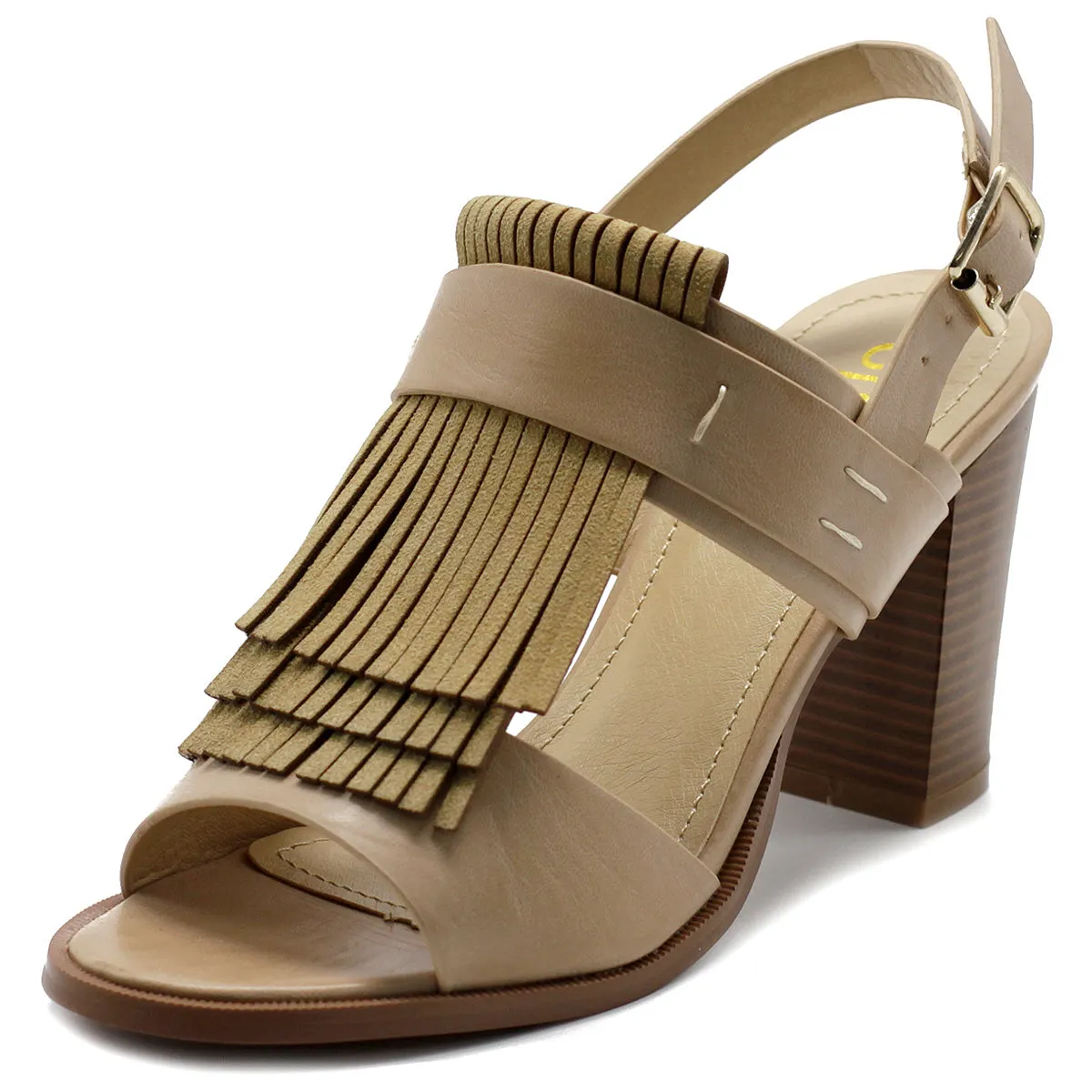 Ollio Womens Shoe Fringe Stack Block High Heel Sandal