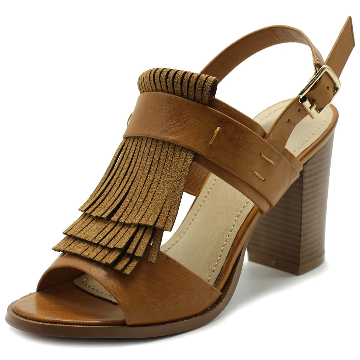 Ollio Womens Shoe Fringe Stack Block High Heel Sandal