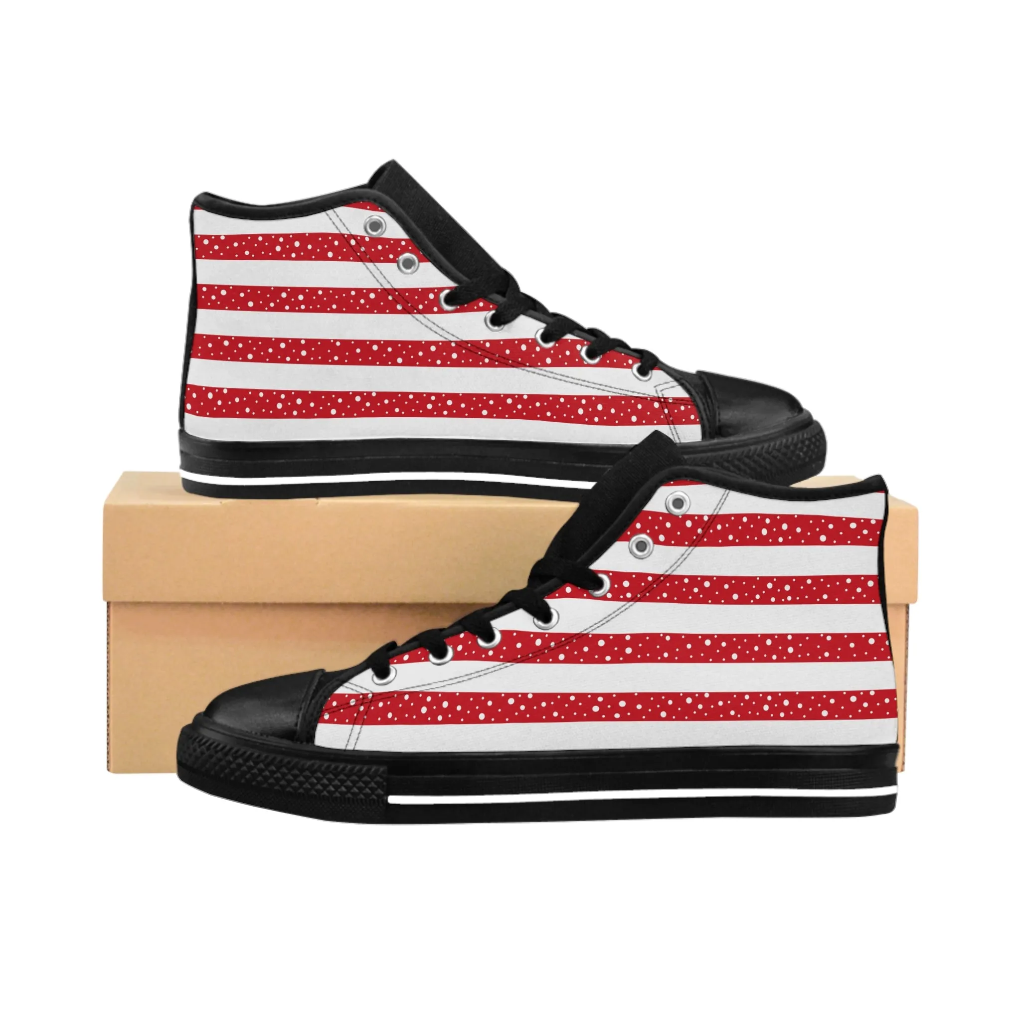 Red and White Stripes Snowball Women's Classic Sneakers