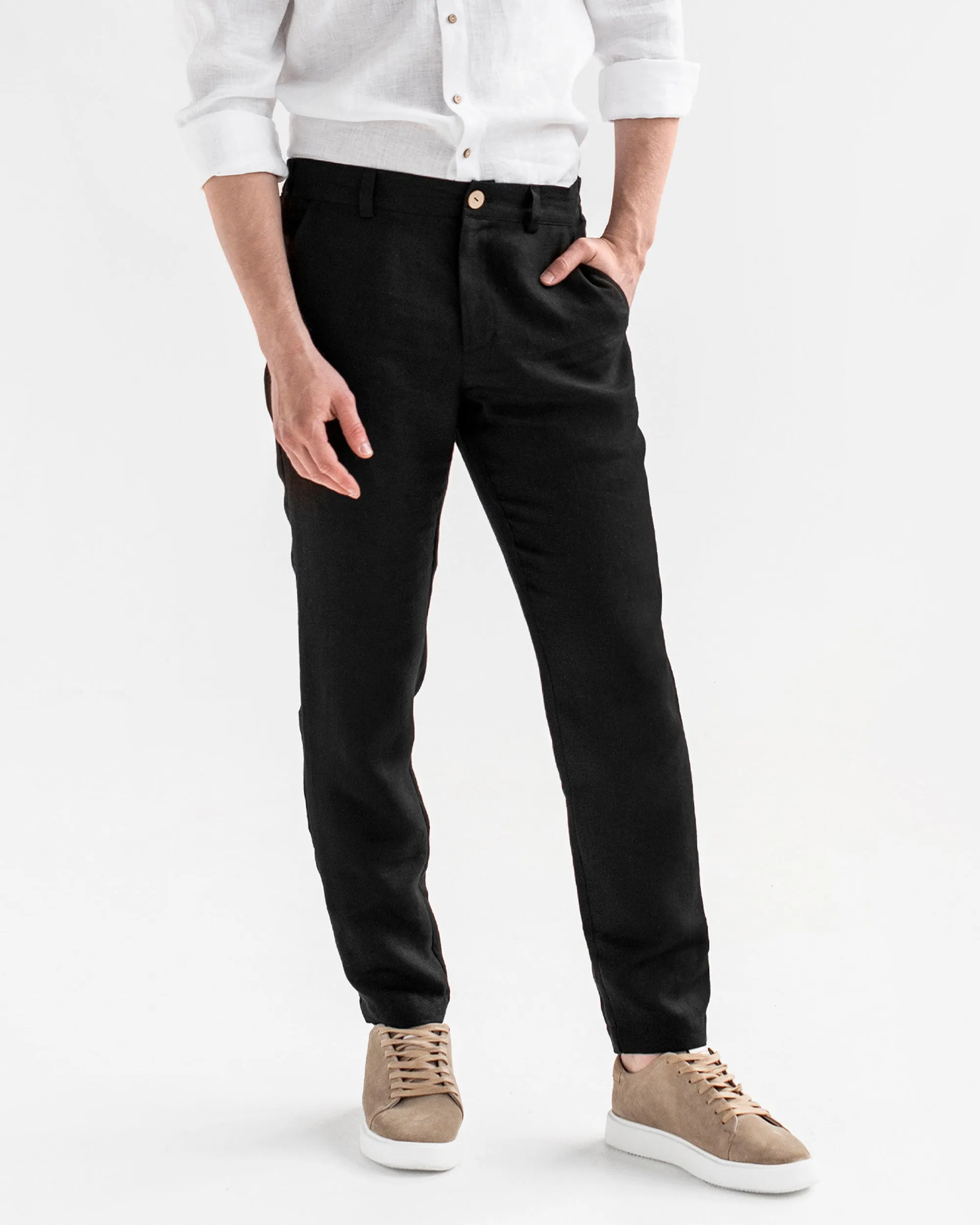 Regular straight leg men's linen pants SOGLIO in Black