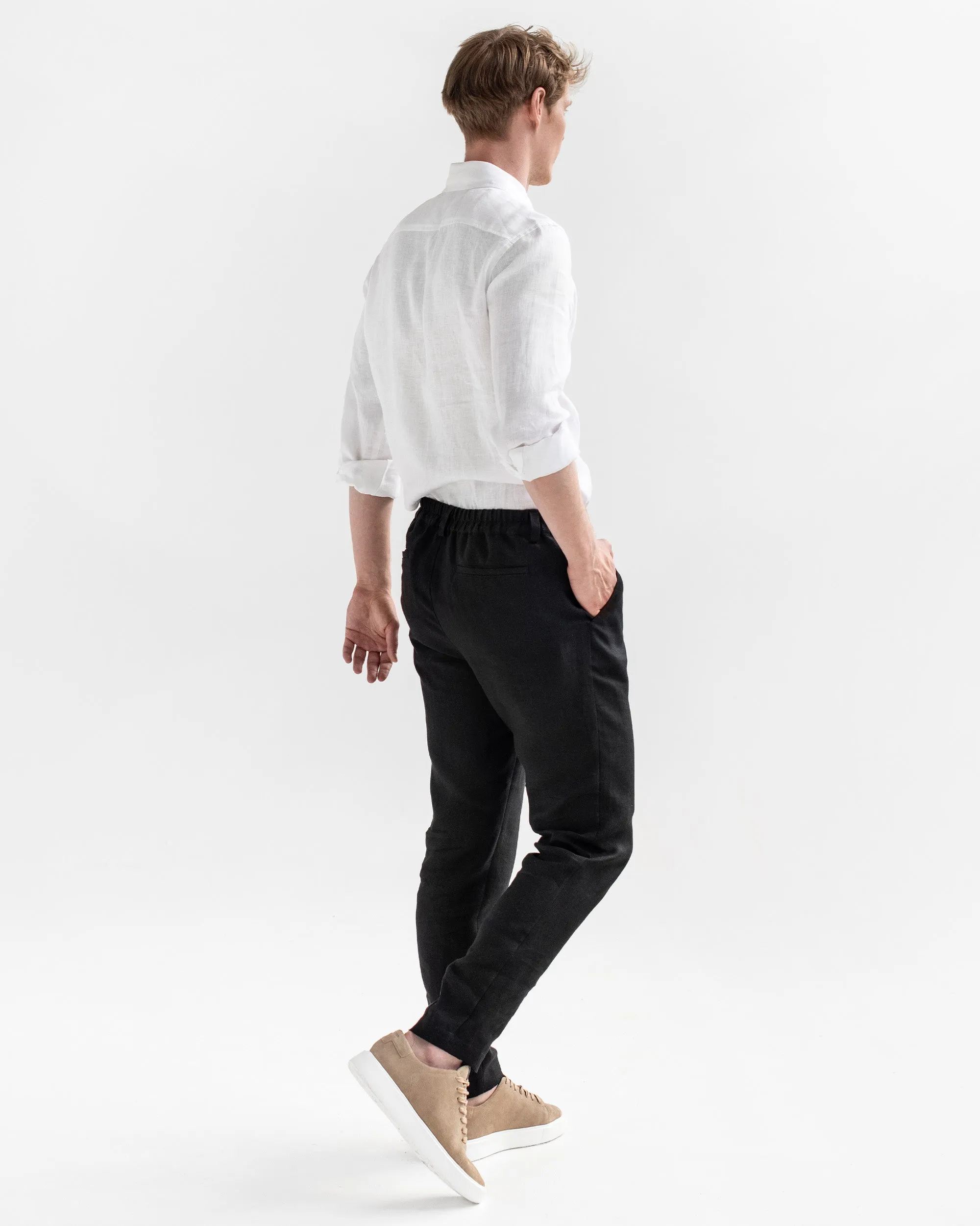 Regular straight leg men's linen pants SOGLIO in Black