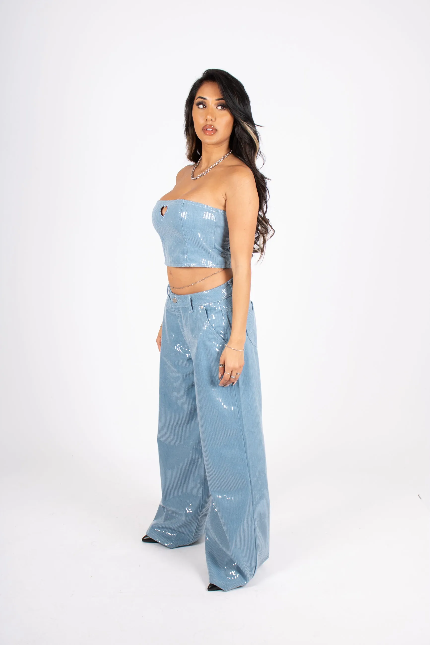 Sequin Blue Denim Baggy Heart Pocket Jean