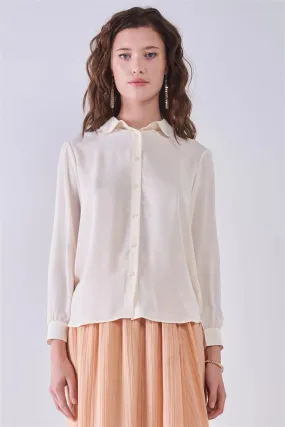 Shell Beige Long Sleeve Collared Neck Button-Down Front Blouse