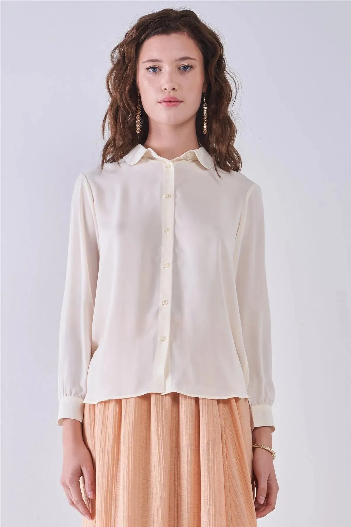 Shell Beige Long Sleeve Collared Neck Button-Down Front Blouse