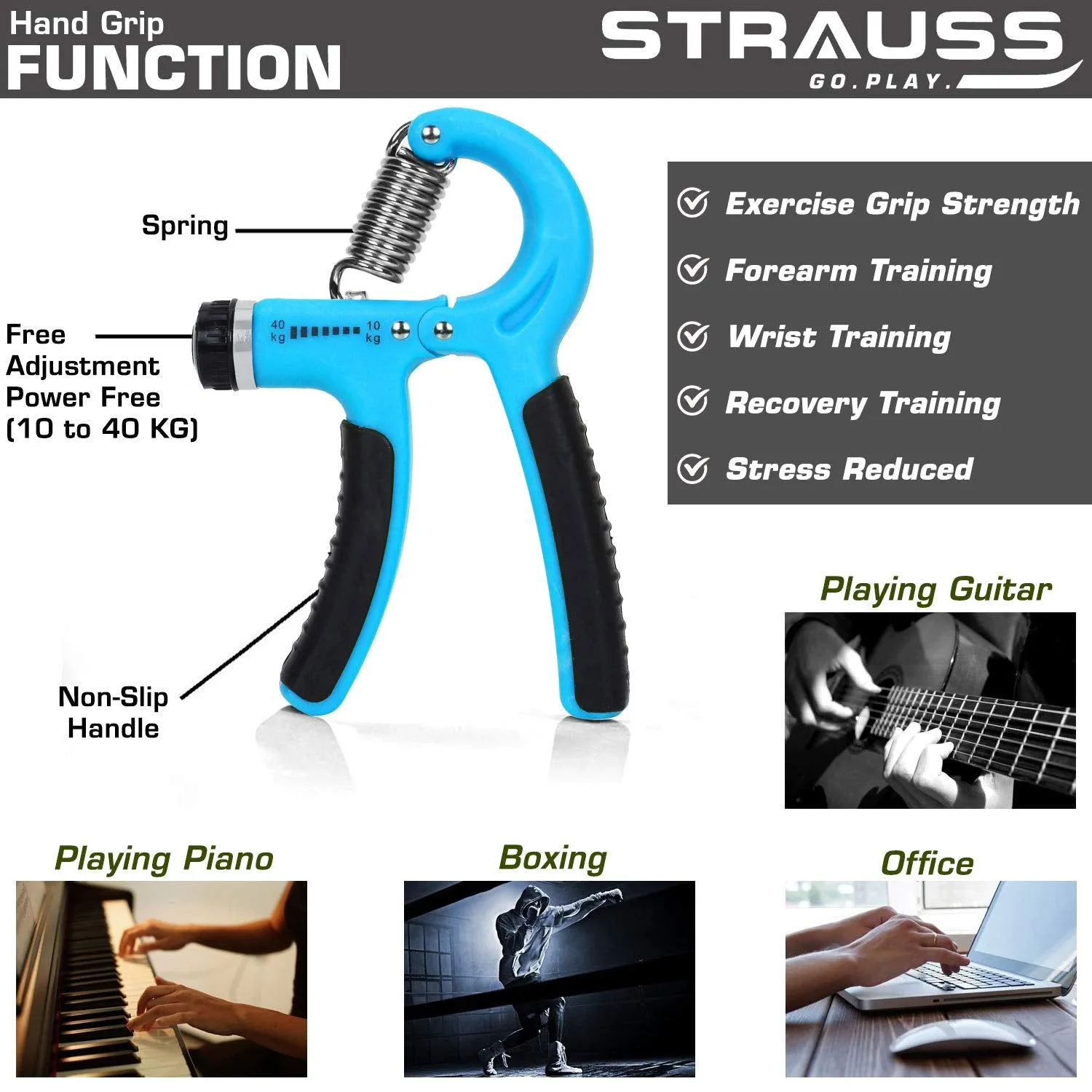 Strauss Adjustable Hand Grip Strengthener, (Black/Blue) and Chest Expander with 5 Springs