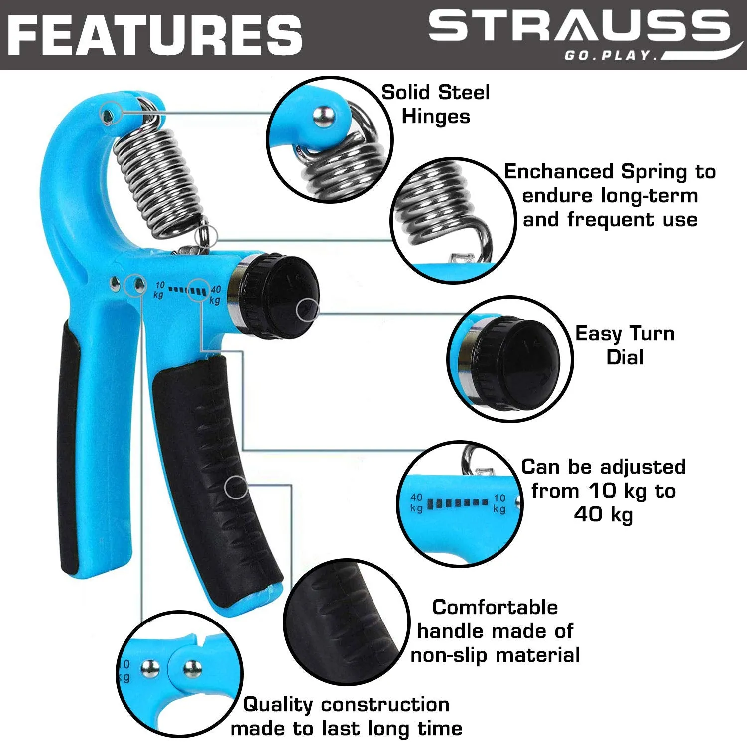 Strauss Adjustable Hand Grip Strengthener, (Black/Blue) and Chest Expander with 5 Springs