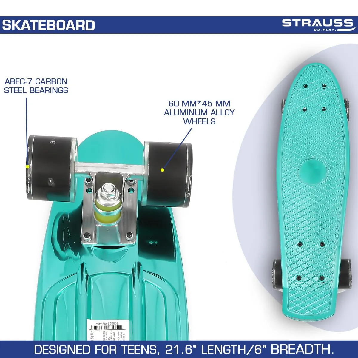 STRAUSS Fibreglass Cruiser Skateboard | Penny Skateboard | Casterboard | Hoverboard | Anti-Skid Board With High Precision Bearings | Wheel With Lights | Ideal For 8 Years and Above | 22 X 6 Inch, Blue