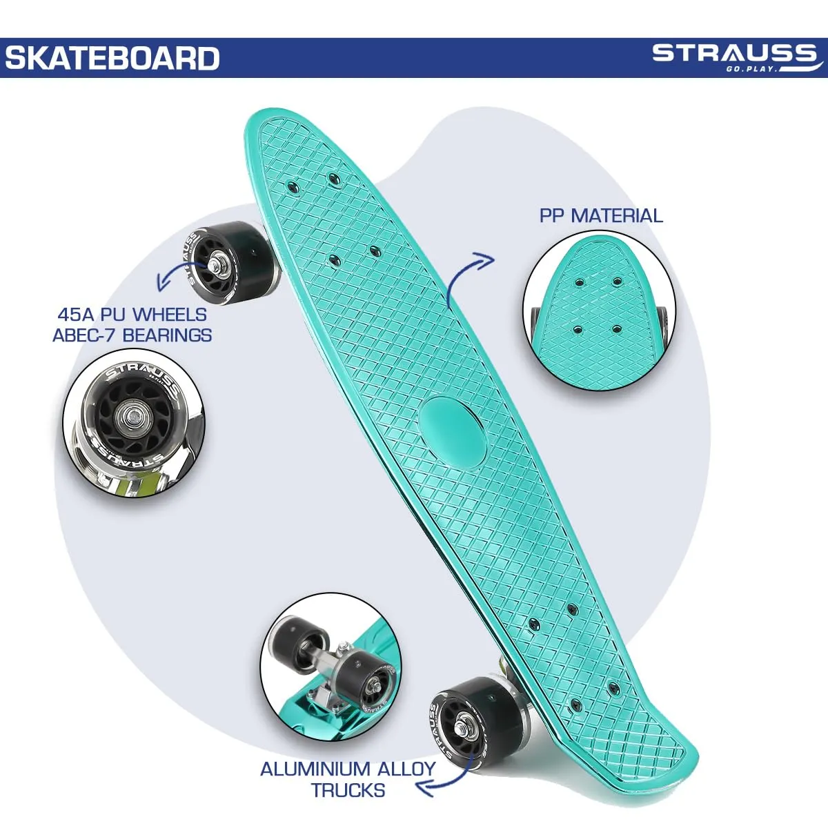 STRAUSS Fibreglass Cruiser Skateboard | Penny Skateboard | Casterboard | Hoverboard | Anti-Skid Board With High Precision Bearings | Wheel With Lights | Ideal For 8 Years and Above | 22 X 6 Inch, Blue