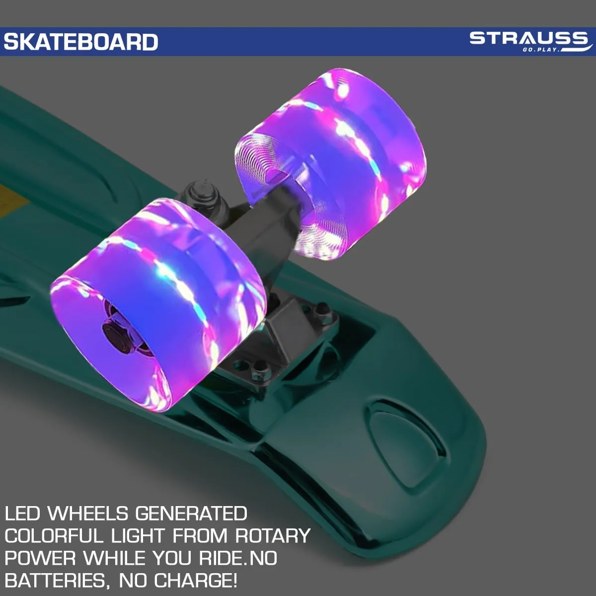 STRAUSS Fibreglass Cruiser Skateboard | Penny Skateboard | Casterboard | Hoverboard | Anti-Skid Board With High Precision Bearings | Wheel With Lights | Ideal For 8 Years and Above | 22 X 6 Inch, Blue