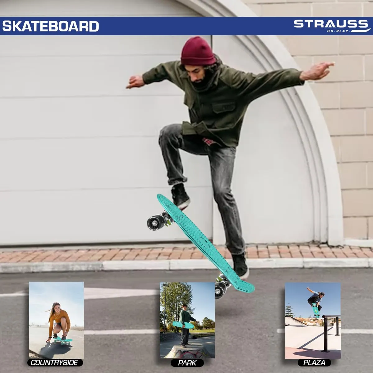 STRAUSS Fibreglass Cruiser Skateboard | Penny Skateboard | Casterboard | Hoverboard | Anti-Skid Board With High Precision Bearings | Wheel With Lights | Ideal For 8 Years and Above | 22 X 6 Inch, Blue