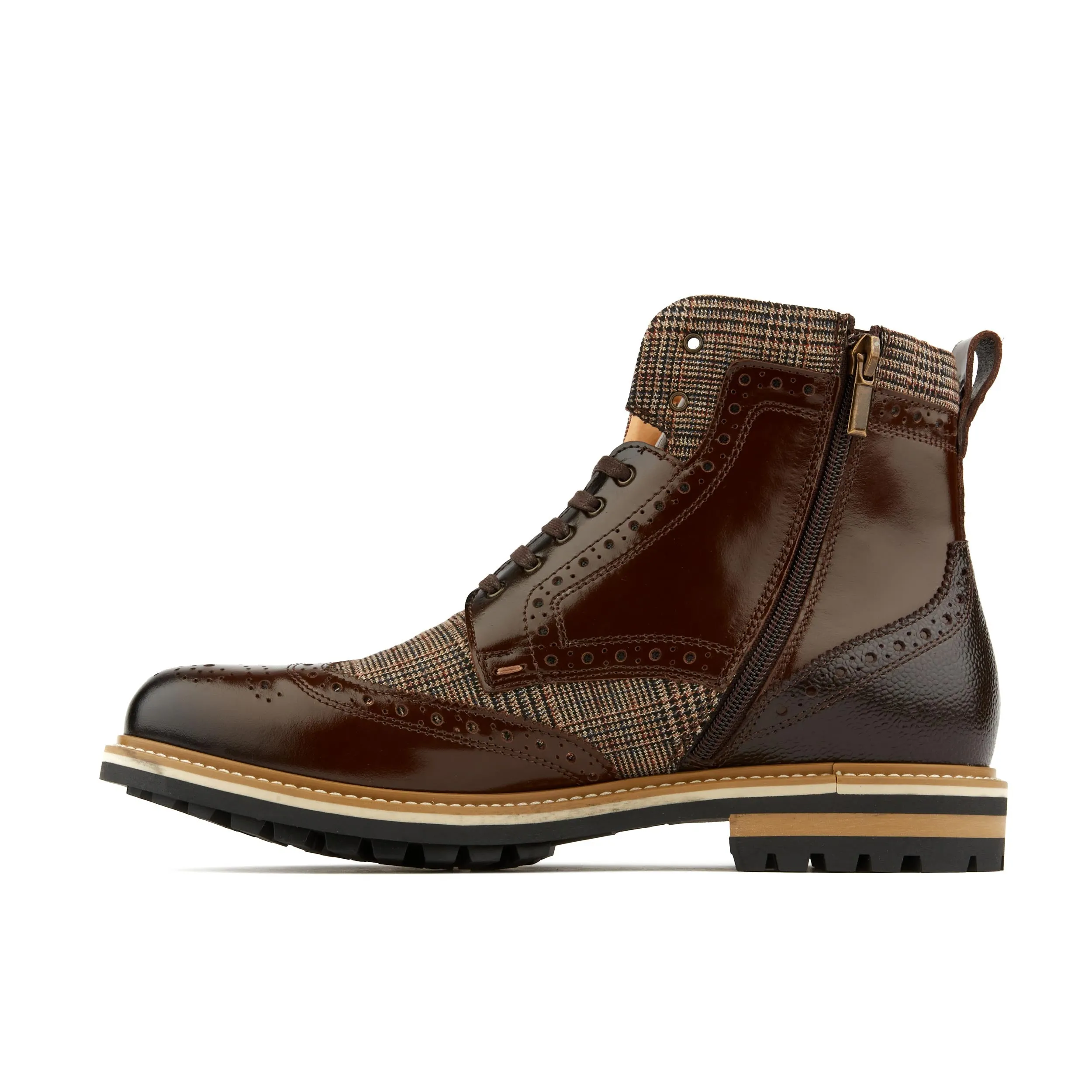 Wanderer - Brown Check - Men's combat style size sipper boot in leather and textile