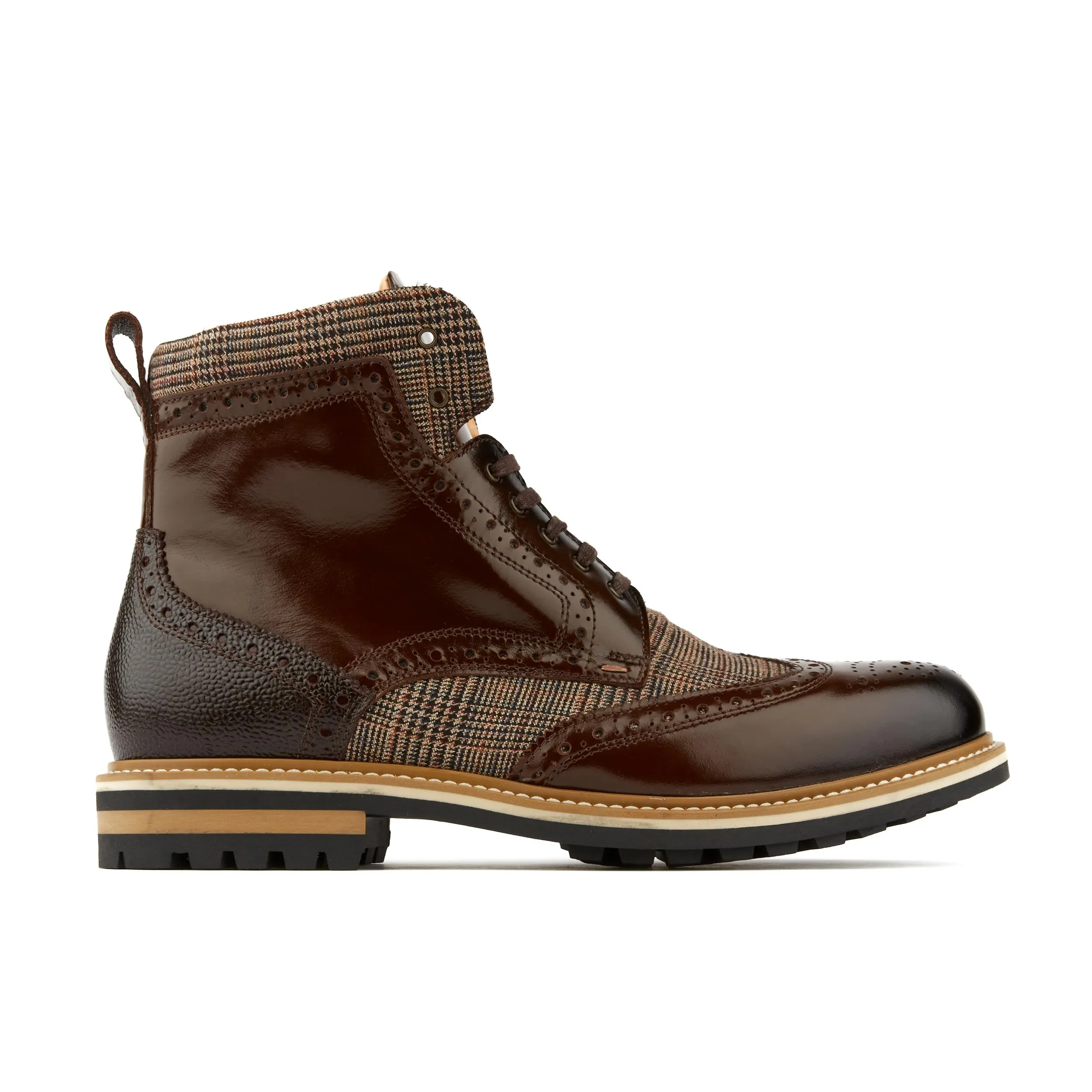 Wanderer - Brown Check - Men's combat style size sipper boot in leather and textile