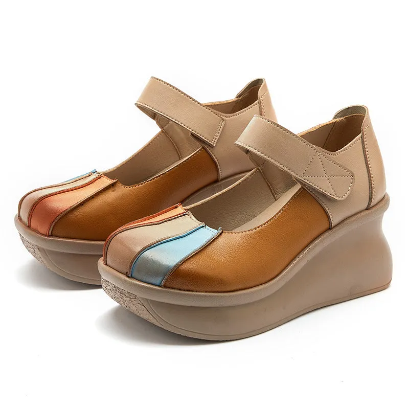 Women Color Matching Leather Casual Wedge Loafers