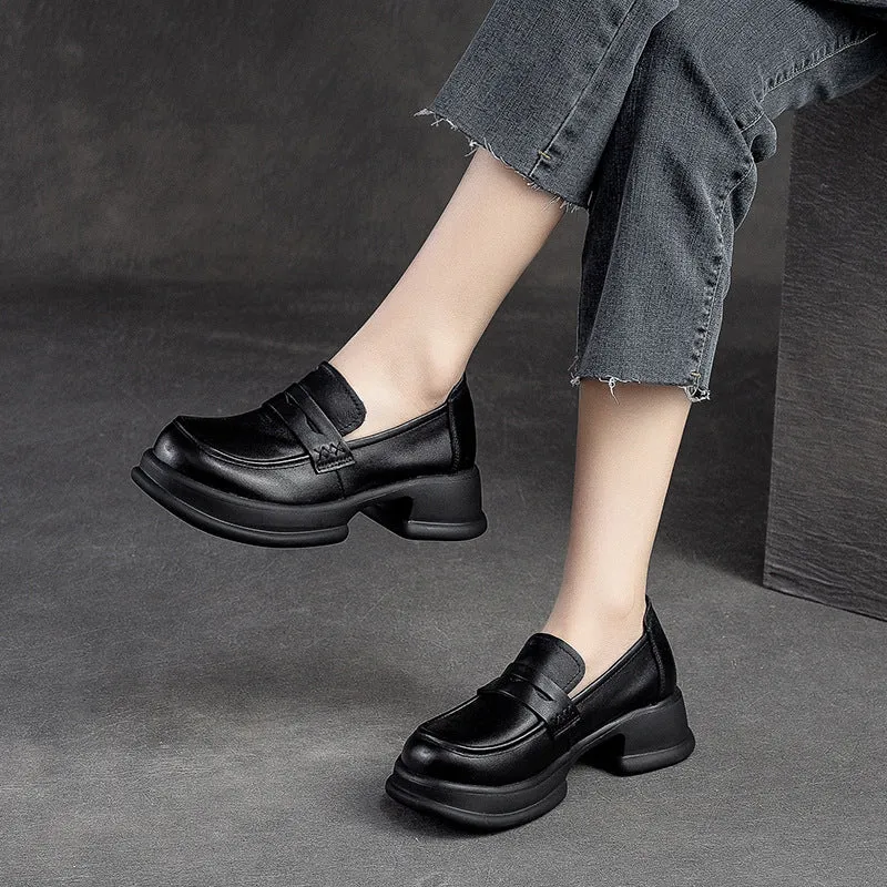 Women Retro Leather Casual Chunky Platform Loafers