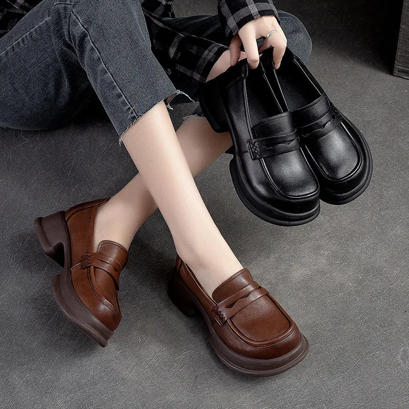 Women Retro Leather Casual Chunky Platform Loafers