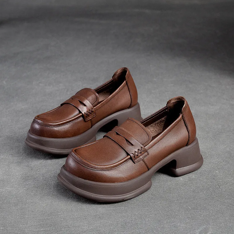 Women Retro Leather Casual Chunky Platform Loafers