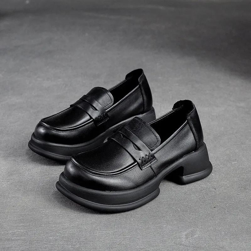 Women Retro Leather Casual Chunky Platform Loafers