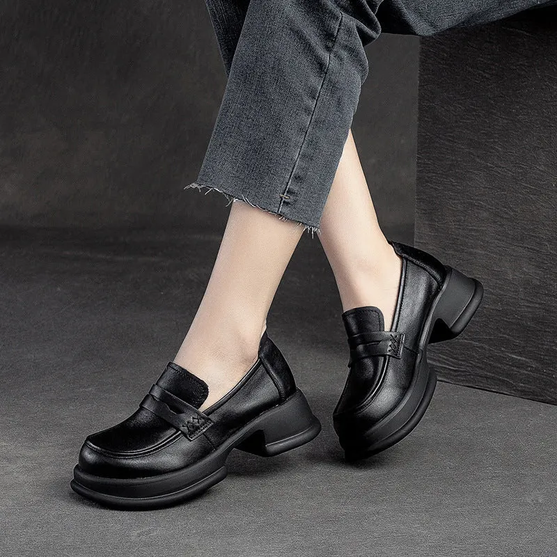 Women Retro Leather Casual Chunky Platform Loafers