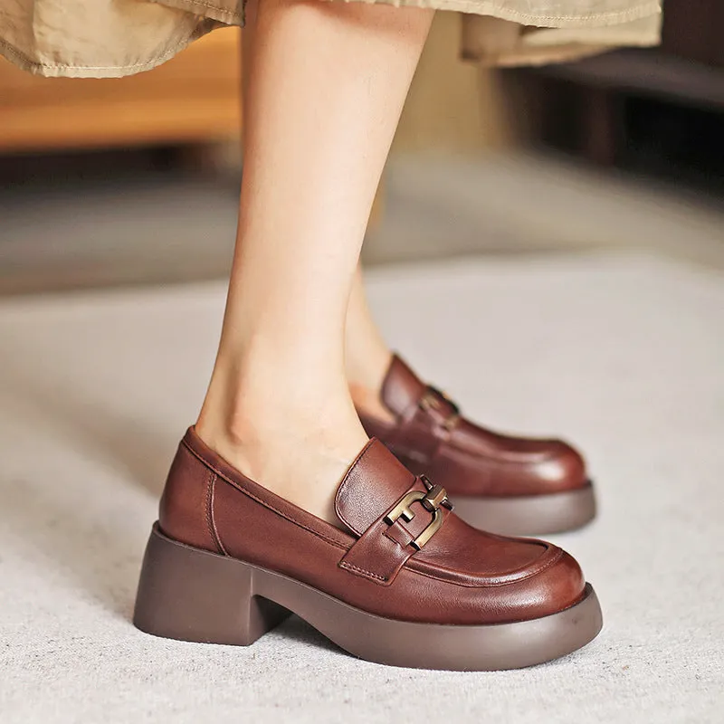 Women Retro Leather Chunky Heel Casual Loafers