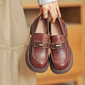 Women Retro Leather Chunky Heel Casual Loafers