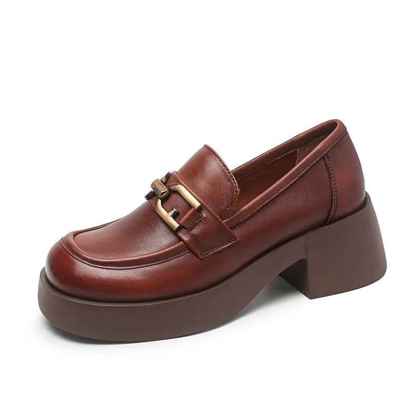 Women Retro Leather Chunky Heel Casual Loafers