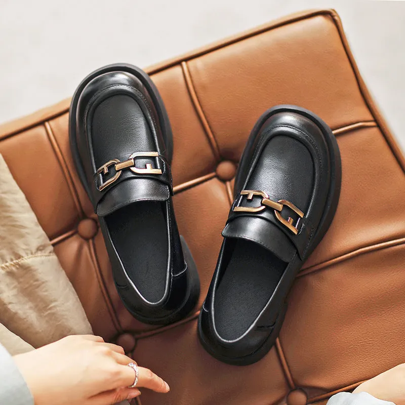 Women Retro Leather Chunky Heel Casual Loafers