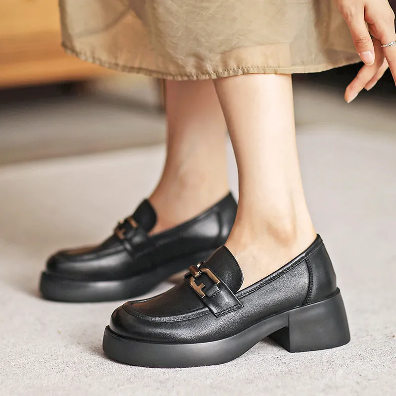 Women Retro Leather Chunky Heel Casual Loafers