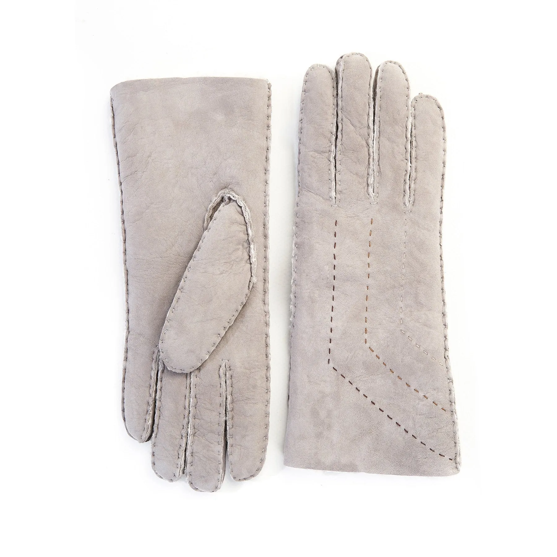 Women's pearl grey gloves with hand stitched details on top