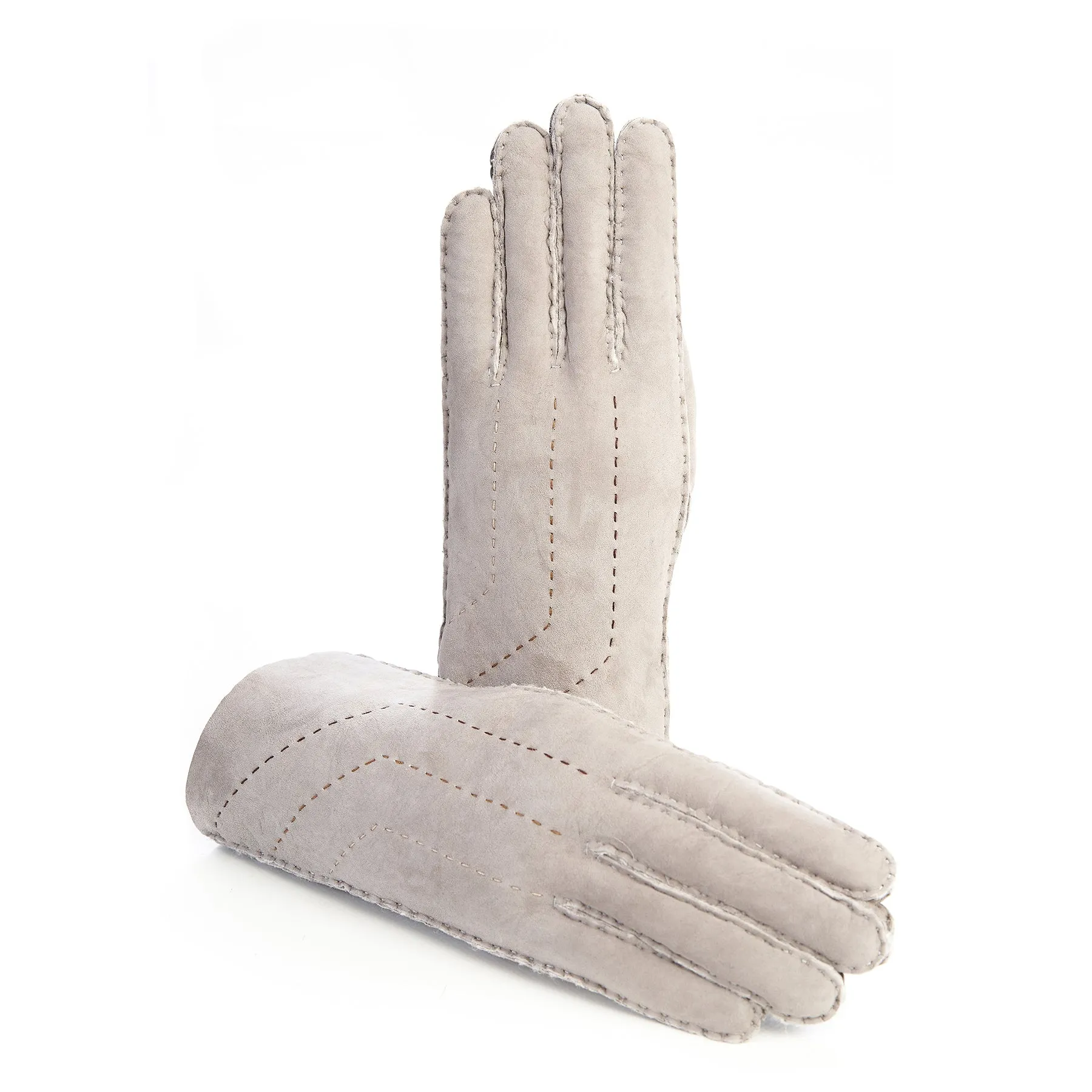 Women's pearl grey gloves with hand stitched details on top